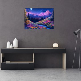 Sklenený obraz - Fialová krajina pri úplnku (70x50 cm)