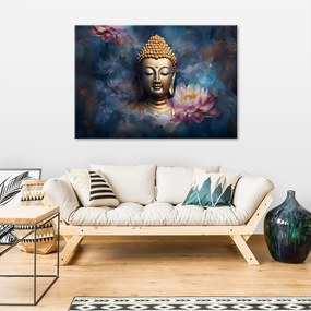Obraz na plátně, zlatý buddha abstraktní lotosové květy - 100x70 cm