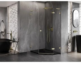 Mexen Lunar, L pravý výklopný päťuholníkový sprchový kút 90 x 100 cm, 8mm číre sklo, zlatý matný profil, 831L-090P-100L-55-00-P