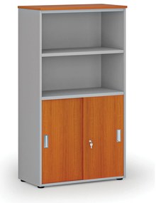 Kombinovaná kancelárska skriňa PRIMO GRAY, zasúvacie dvere na 2 poschodia, 800 x 420 x 1434 mm, sivá/čerešňa