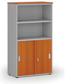 Kombinovaná kancelárska skriňa PRIMO GRAY, zasúvacie dvere na 2 poschodia, 800 x 420 x 1434 mm, sivá/čerešňa
