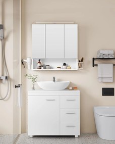 Kúpeľňová skrinka pod umývadlo, 3 zásuvky, 2 priehradky, 30 x 70 x 64 cm, oblá biela