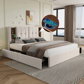 Čalúnený rám postele 160x200 cm Dvojlôžková posteľ Usb C 4 zásuvky matrac