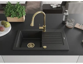 Mexen Pablo, 1-komorový granitový drez 752x436x161 mm a drezová batéria Elia, čierna-strieborná metalíza, 6510-73-670101-50