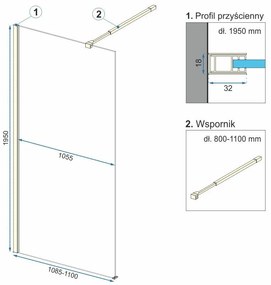 Rea Aero Ombre, sprchová zástena Walk-In 110x195 cm, 8mm číre sklo s bielym vzorom, zlatý matný profil, REA-K2465