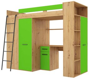 Poschodová posteľ 90 cm Vivian (L) (s roštom) (dub artisan + zelená). Vlastná spoľahlivá doprava až k Vám domov. 1048523