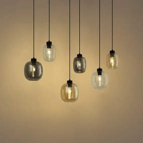 Závesná lampa čierna s jantárovým, dymovým a čírym sklom 6-svetiel - Elena
