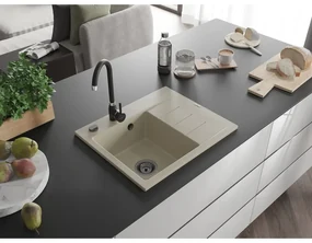 Mexen Ben, 1-komorový granitový drez 600x500x190 mm, ľavý + čierny sifón, béžová, 6522605000-69-B