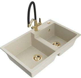 Mexen Tomas, 2-komorový granitový drez 800x500x190 mm a kuchynská batéria Duo, béžová, 6516-69-671701-57-G