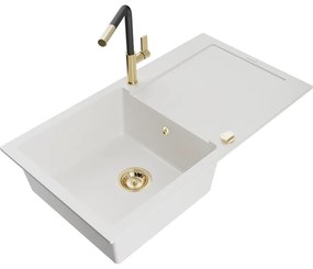 Mexen Leo, 1-komorový granitový drez 900x500x190 mm a drezová batéria Flora, biela, 6501-20-670401-57-G