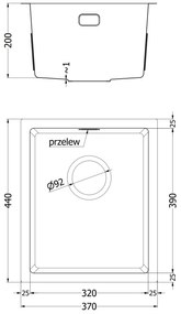 Mexen Trixo, 1-komorový nerezový drez 370 x 440 mm, čierna, vzor voština, 6412371000-70HC
