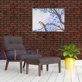 Sklenený obraz - Vtáčik na strome s modrými kvetmi (70x50 cm)