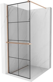 Mexen Kioto+, sprchová zástena Walk-In s poličkou a vešiakom 90 x 200 cm, 8mm číre sklo čierny vzor, medený matný profil, 800-090-121-65-77