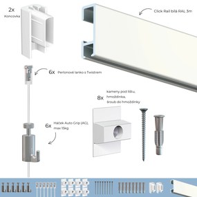 Závesný systém na zavesenie obrazov – SET ClickRail RAL9010 3m (6x perlon Click2Fix, Auto Grip)