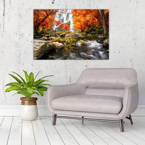 Obraz - Vodopády v jesennej krajine, oranžový (90x60 cm)