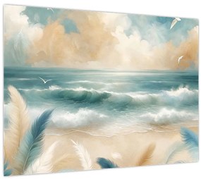 Sklenený obraz – Maľovaná pláž v jemných farbách (70x50 cm)
