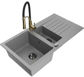 Mexen Matias, granitový drez 900x505x200 mm, 1,5-komorový a drezová batéria Aster, šedá, 6502-71-73450-57-B