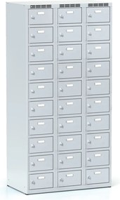 Šatníková skrinka S6 s úložnými boxami, 30 boxov, 1800 x 900 x 500 mm, otočný zámok, sivé dvere