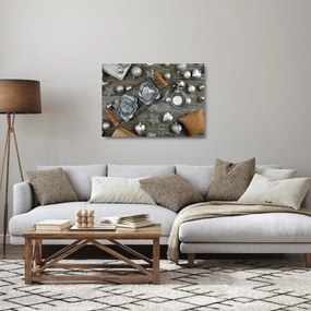 Sklenený obraz - strieborné vianočné dekorácie (70x50 cm)