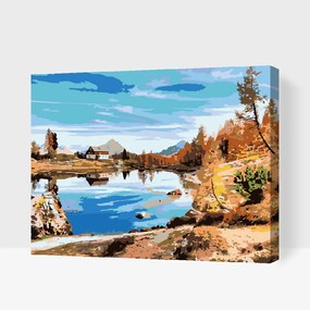 Gario Maľovanie podľa čísel Chata pri jazere Rozmery: 40 x 30 cm, Rámovanie: S vnútorným rámom