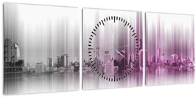 Obraz - Panoráma mesta, ružovo-šedé (s hodinami) (90x30 cm)