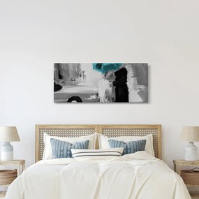 Obraz - Zamilovaný pár s dáždnikom, modrý (120x50 cm)