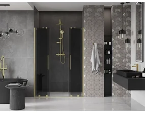 Mexen Velar Duo, posuvné sprchové dvere do otvoru 140 cm, 8mm šedé sklo, zlatá matná, 871-140-000-42-55