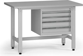 Výškovo nastaviteľný dielenský stôl G5, 1200 x 750 x 800-1000 mm, 1x kontajner, 4 zásuvky, sivá