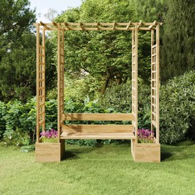 Záhradná pergola s lavičkou a kvetináčmi borovicový masív