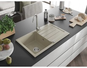 Mexen Bruno, 1-komorový granitový drez s odkvapkávačom 795x495x200 mm a chrómová kuchynská batéria Telma, béžová, 6513-69-670200-00
