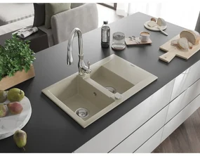 Mexen Gaspar, 1,5-komorový granitový drez 737x475x177 mm a drezová batéria Savita, béžová, 6507-69-672601-00