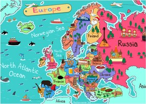 Sklenený obraz - Detská mapa Európy (70x50 cm)