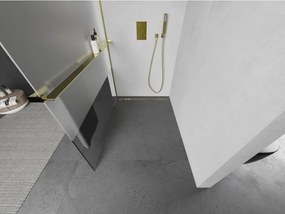 Mexen Kioto+ L, sprchová zástena Walk-In s poličkou a vešiakom 100 x 200 cm, 8mm číre sklo-námraza, zlatý lesklý profil,800-100-123-50-35
