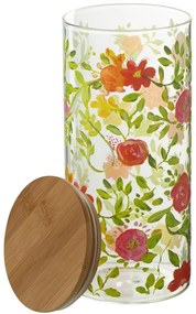 Sklenená dóza na potraviny s dreveným viečkom a kvetmi Floral glass - Ø10*23cm / 1400ml
