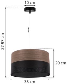 Závesné svietidlo Wood, 1x hnedá orechová dýha/čierne PVC tienidlo, (fi 35cm)
