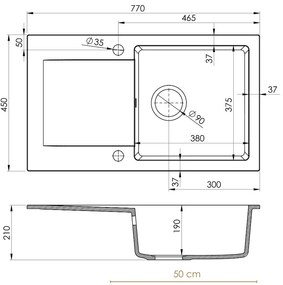 Sink Quality Ferrum, kuchynský granitový drez 770x450x190 mm + zlatý sifón, čierna, SKQ-FER.C.1KDO.XG