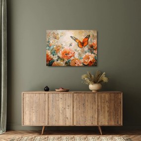 Sklenený obraz - Motýľ a kvety, olejomaľba (70x50 cm)