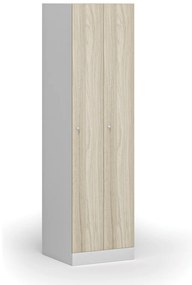 Kovová šatníková skrinka zúžená, 2 oddiely, 1850 x 500 x 500 mm, demont, cylindrický zámok, laminované dvere, dub prírodný