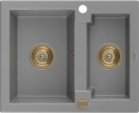 Mexen Carlos, granitový drez 582x475x177 mm, 1,5-komorový, šedá so zlatým sifónom, 6518581500-71-G