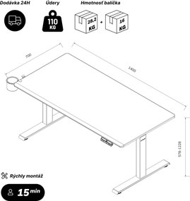 Elektrický stôl s reguláciou výšky ergonomický antracitový,1400x700 mm: ARIA
