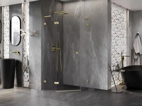 Mexen Lunar, L päťuholníkový sprchový kút naklápací doľava 100 x 100 cm, 8mm číre sklo, zlatý matný profil, 831L-100L-100P-55-00-L