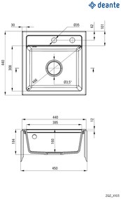 Deante Zorba, granitový drez 440x440x184 mm B/O, 3,5" + priestorovo úsporný sifón, 1-komorový, grafitová metalíza, ZQZ_G103