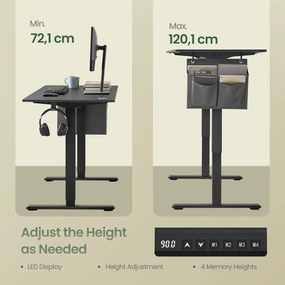 Elektricky nastaviteľný výškovo regulovateľný stôl, 160×70 cm, s 4 pamäťovými pozíciami, čierny