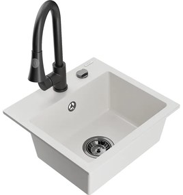 Mexen Milo, 1-komorový granitový drez 435x410x171 mm a drezová batéria Elia, biela, 6505-20-670101-70