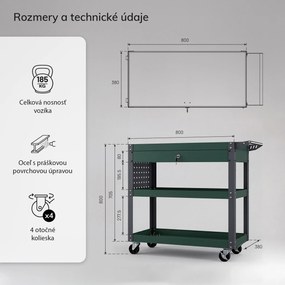 Dielenský nástrojový vozík so zásuvkou, na kolieskach, fľaškovo zelená, 800x800x380 mm: FRED