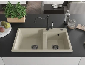 Mexen Tomas, granitový drez 800x500x190 mm, 2-komorový a drezová batéria Carla, béžová, 6516-69-670700-70