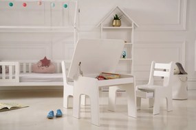Detský stolík a dve stoličky so šuflíčkami v bielom odtieni