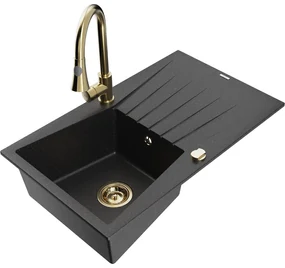 Mexen Cesar, 1-komorový granitový drez 775x470x190 mm a drezová batéria Elia, čierna-strieborná metalíza, 6514-73-670101-50