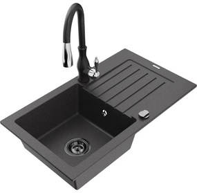 Mexen Pablo, granitový drez 752x436x161 mm, 1-komorový a drezová batéria Savita, čierna škvrnitá, 6510-76-672601-70-B