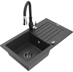 Mexen Pablo, granitový drez 752x436x161 mm, 1-komorový a drezová batéria Savita, čierna škvrnitá, 6510-76-672601-70-B